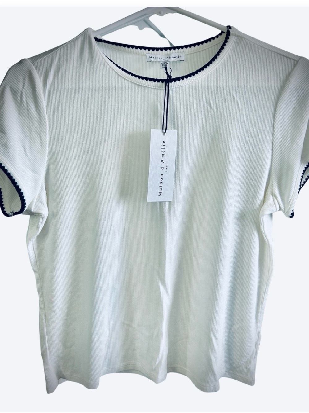 White Ribbed Short Sleeve Tee with Black Scallop Trim